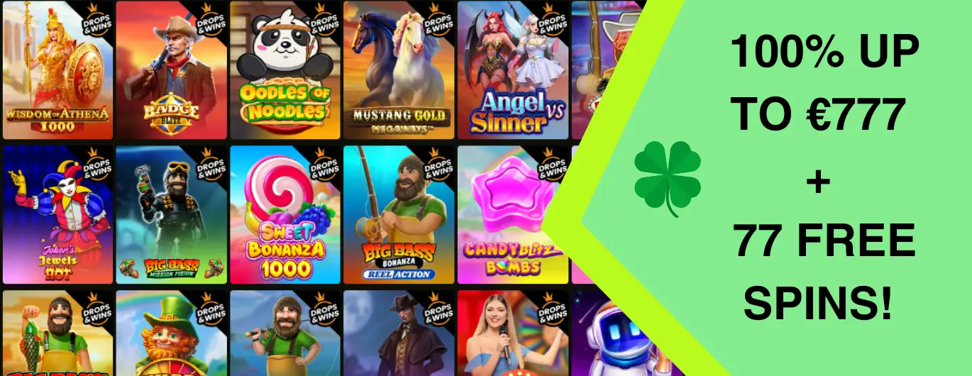 Colourful slots banner with a bonus offer: 100% up to €777 + 77 free spins, featuring vibrant game thumbnails and a four-leaf clover graphic.