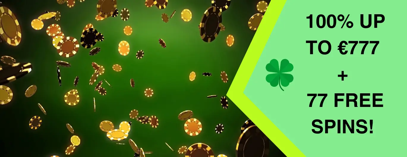 Poker chips falling on a green background with a clover and casino promotion details.