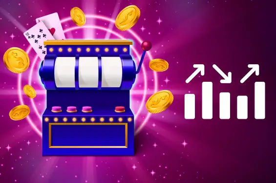 Slot machine with coins and playing cards on a sparkling purple background.