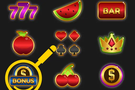 Colourful slot machine icons including fruits, 777, BAR, playing card suits, crown, and bonus symbols.