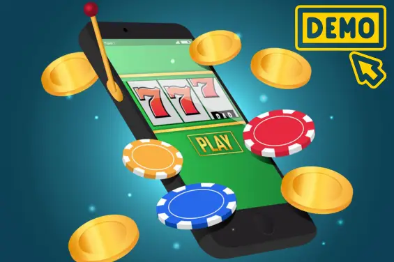 Illustration of a mobile phone with a slot machine game screen, surrounded by casino chips and coins, with a 'DEMO' label.