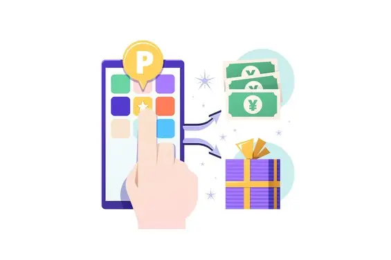 A hand interacts with a smartphone app, earning rewards, money, and a gift.