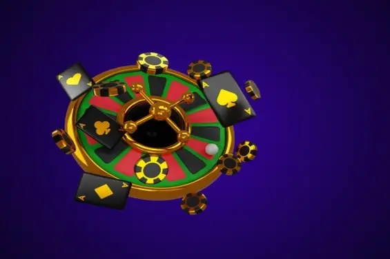 A colorful casino roulette wheel with poker chips and playing cards on a purple background.