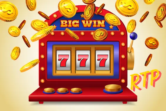 Slot machine with '777' on screen, showering gold coins, and a 'BIG WIN' sign above.