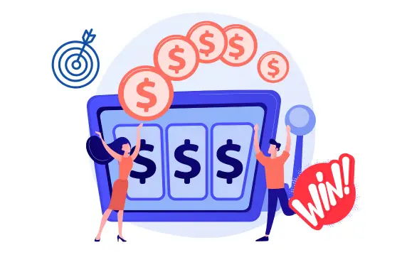 Illustration of two people celebrating a win at a slot machine with dollar symbols and a 