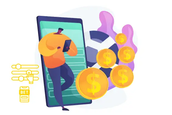 Illustration of a person stepping out of a mobile phone with casino chips and dollar coins.