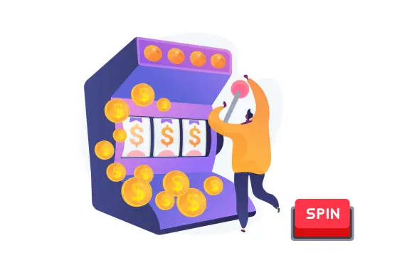 Illustration of a person playing a slot machine with coin winnings, and a 