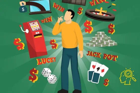 Illustration of a man pondering amid various gambling elements and money symbols.